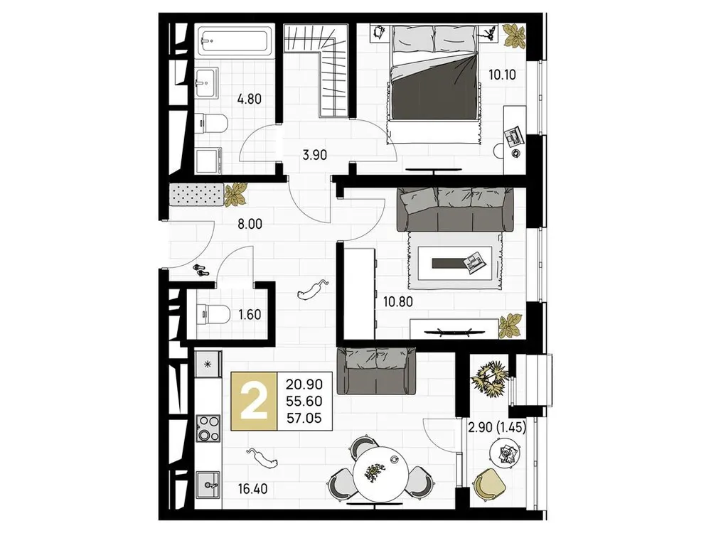 Продается 2-комнатная квартира, 57,1 м² - Фото 1