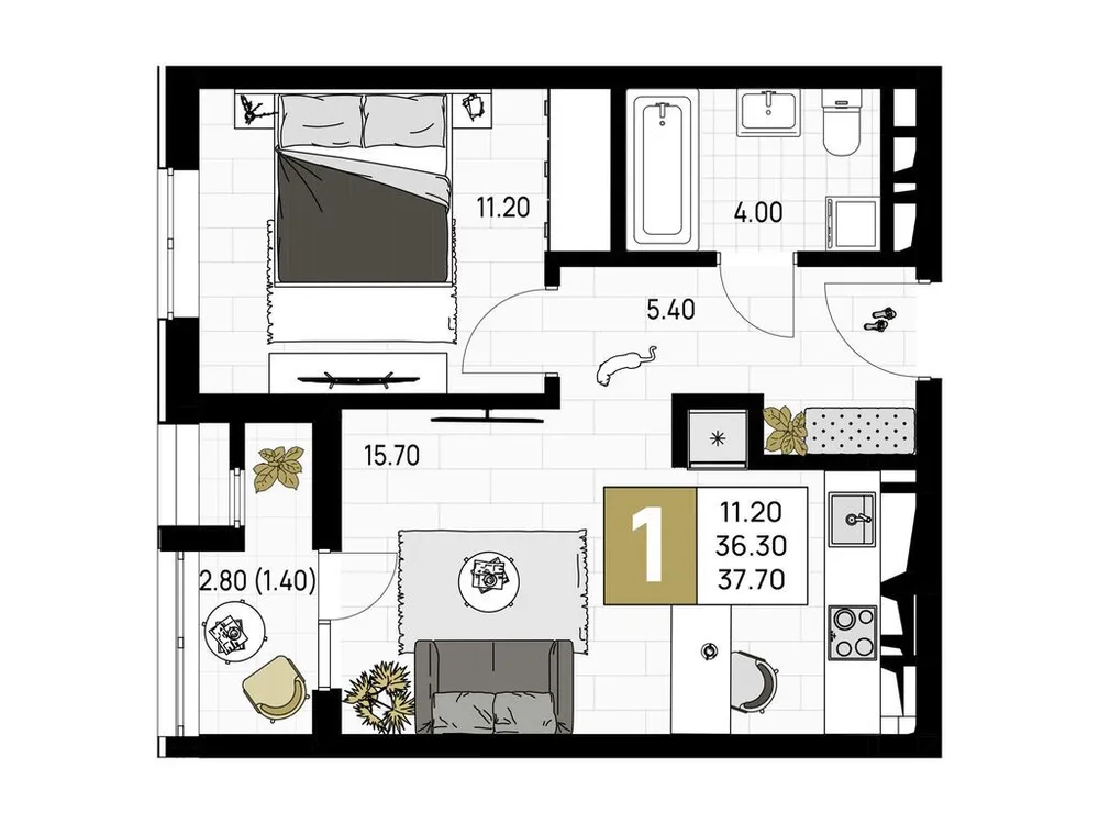 Продается 1-комнатная квартира, 37,7 м² - Фото 1