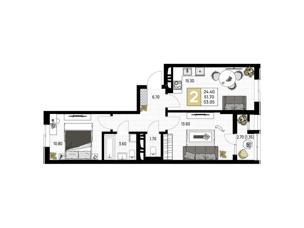 Продается 2-комнатная квартира, 53,1 м² - Фото 1