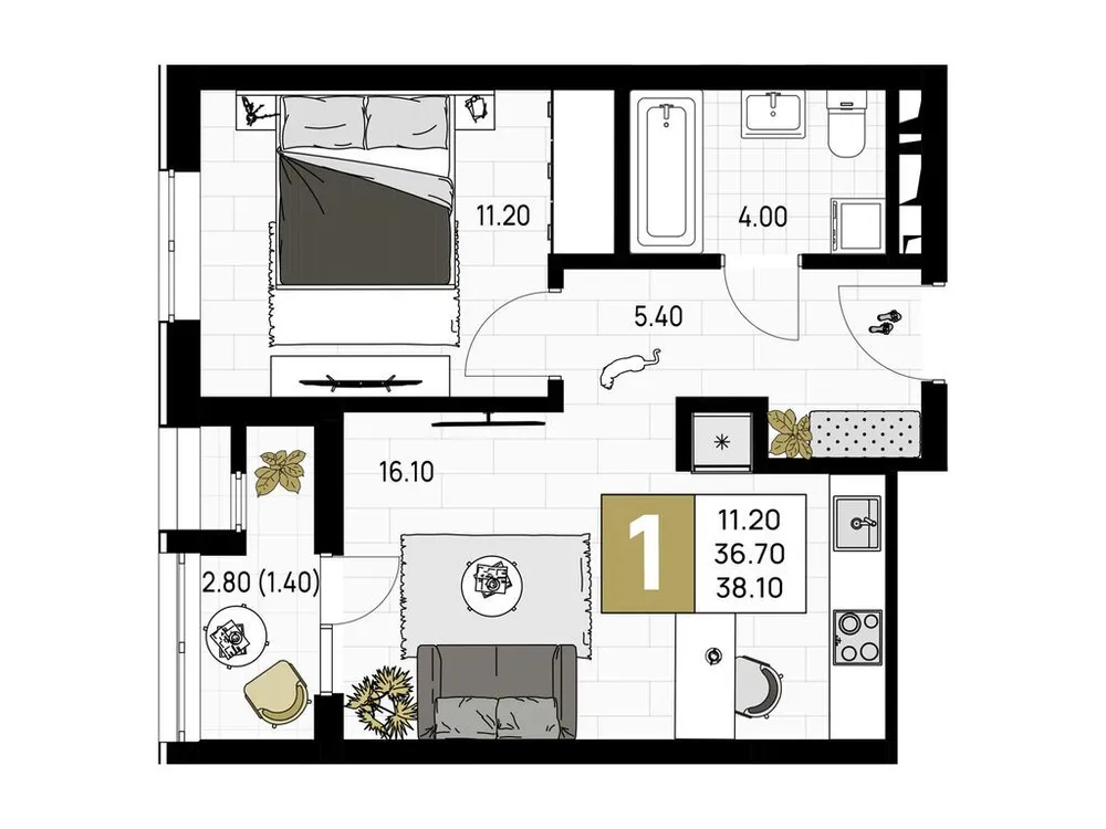 Продается 1-комнатная квартира, 38,1 м² - Фото 1