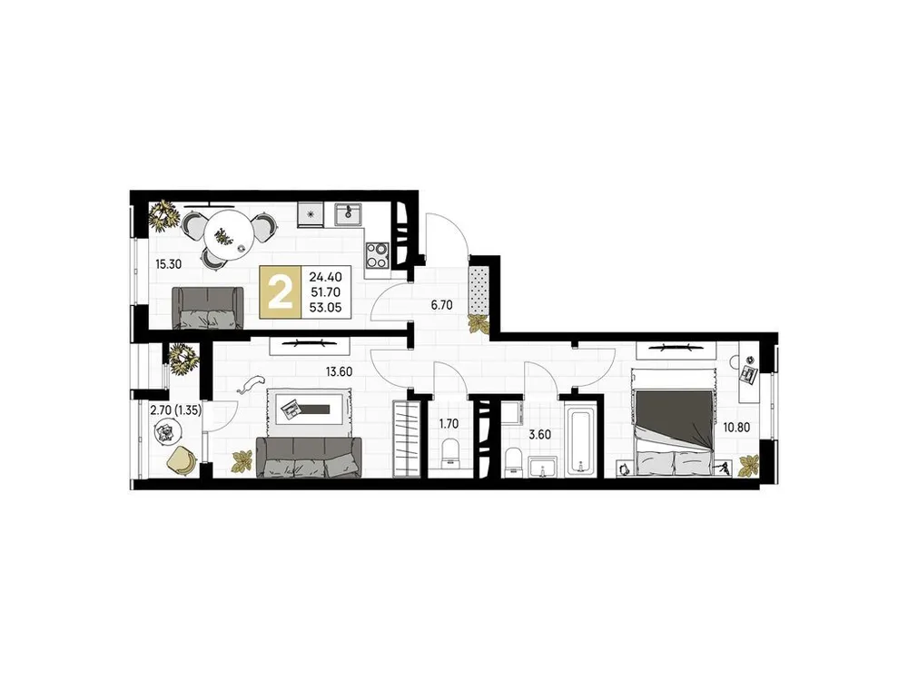 Продается 2-комнатная квартира, 53,1 м² - Фото 1