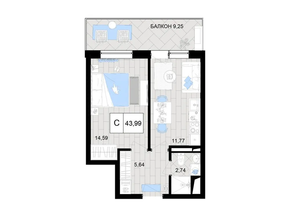Продается 2-комнатная квартира, 44 м² - Фото 1