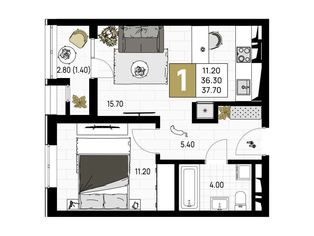 Продается 1-комнатная квартира, 37,7 м² - Фото 2
