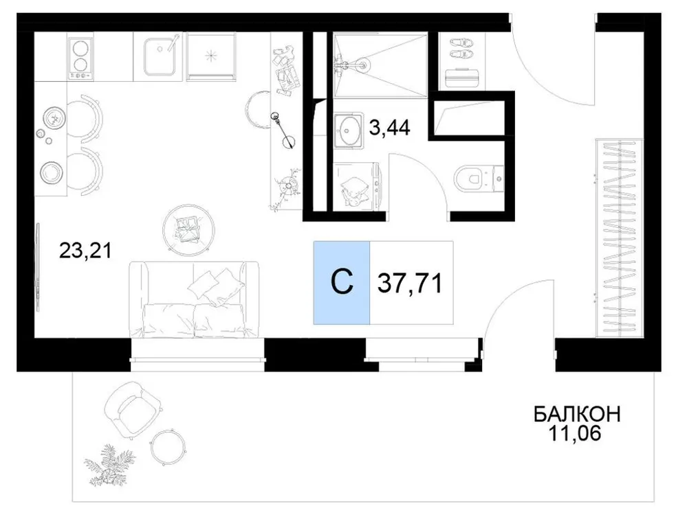Продается студия, 37,7 м² - Фото 1