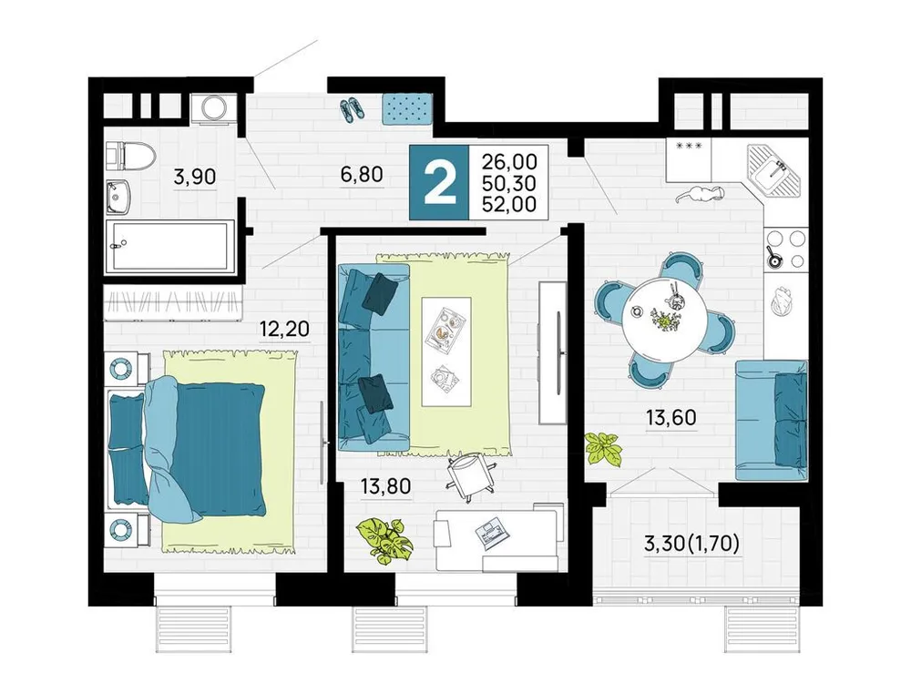 Продается 2-комнатная квартира, 52 м² - Фото 1