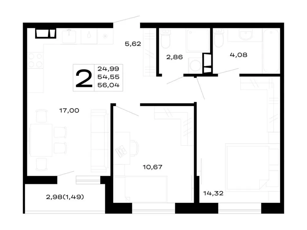 Продается 2-комнатная квартира, 56 м² - Фото 1