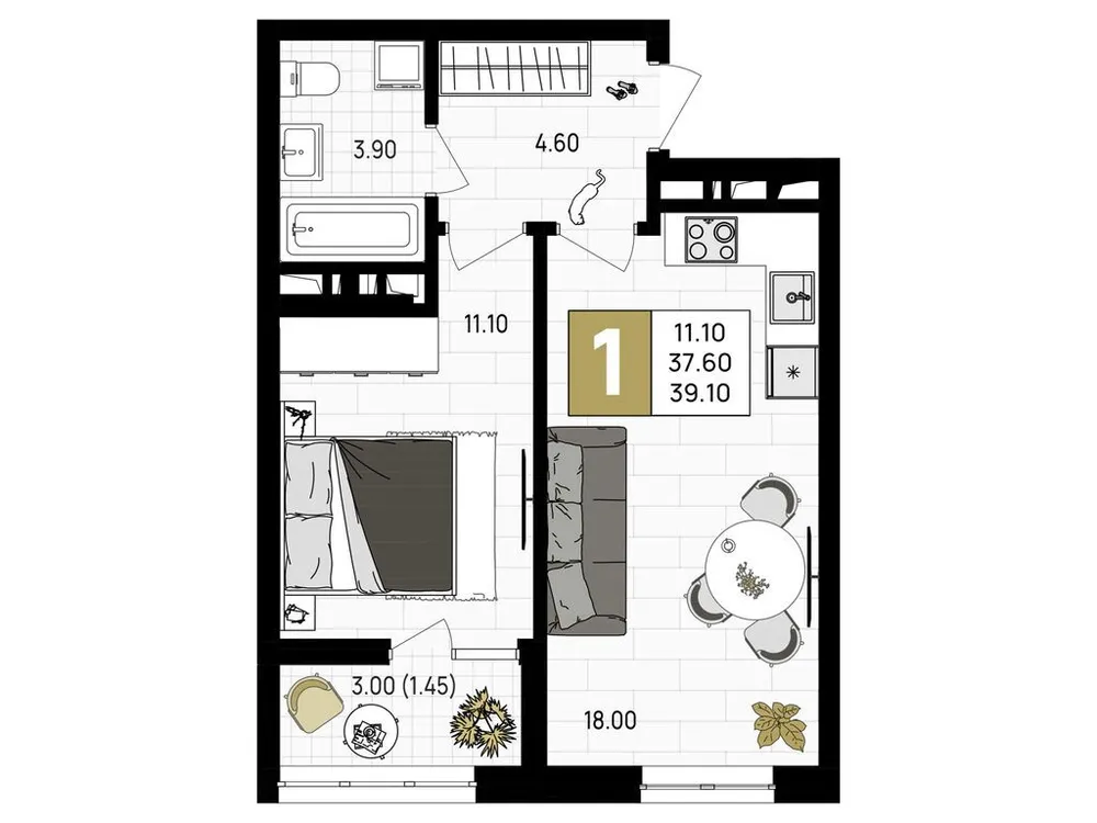 Продается 1-комнатная квартира, 39,1 м² - Фото 1