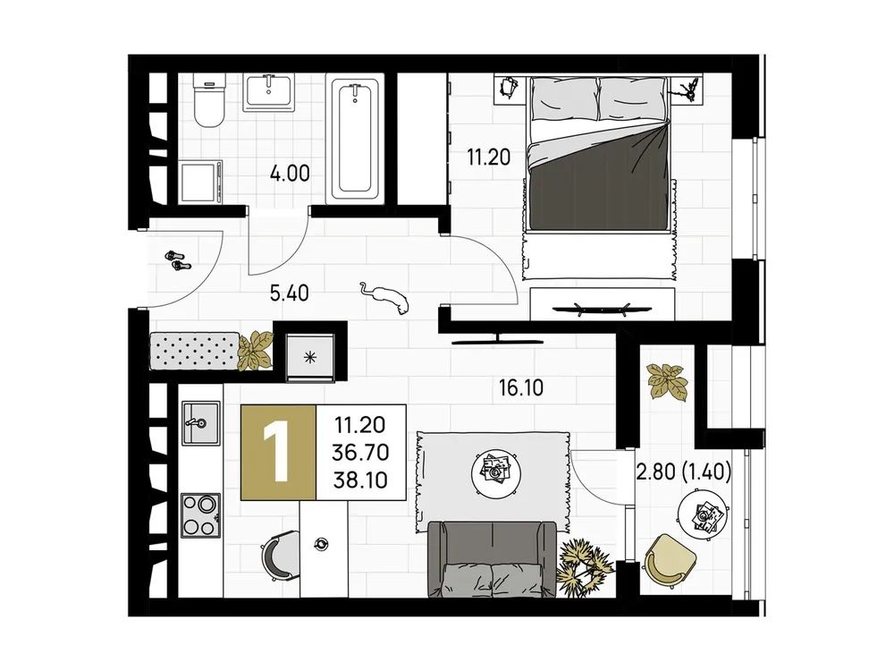 Продается 1-комнатная квартира, 38,1 м² - Фото 2