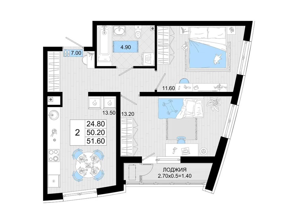 Продается 2-комнатная квартира, 51,6 м² - Фото 5