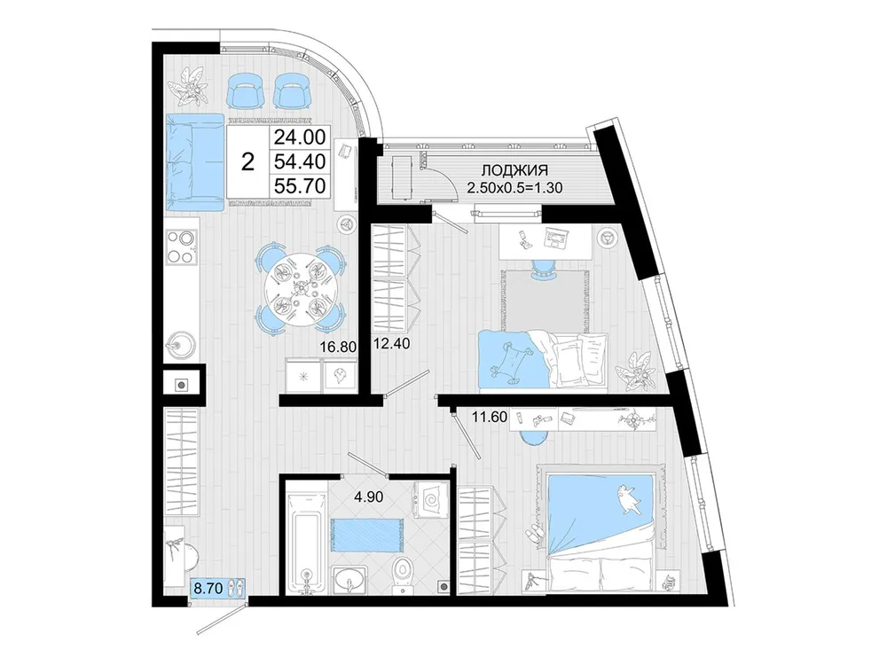 Продается 2-комнатная квартира, 55,7 м² - Фото 1