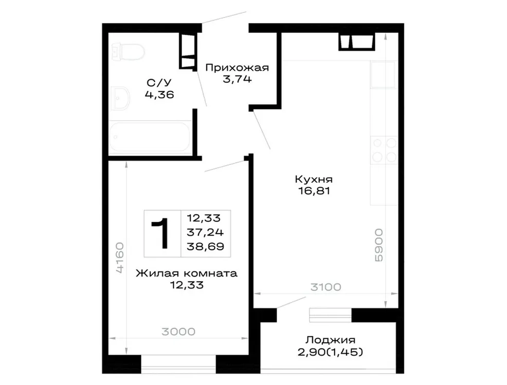 Продается 1-комнатная квартира, 38,7 м² - Фото 2