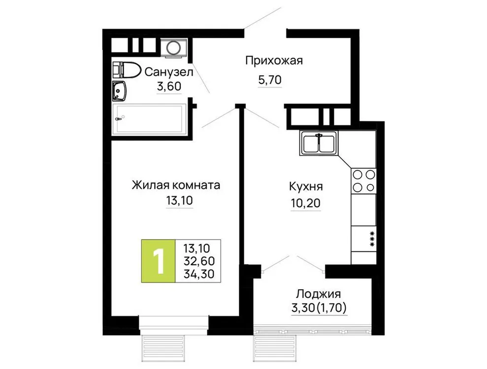 Продается 1-комнатная квартира, 34,3 м² - Фото 5