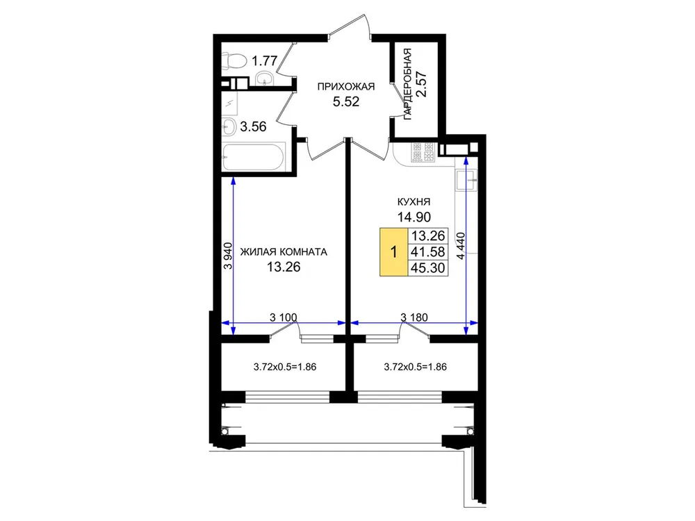 Продается 1-комнатная квартира, 45,3 м² - Фото 7